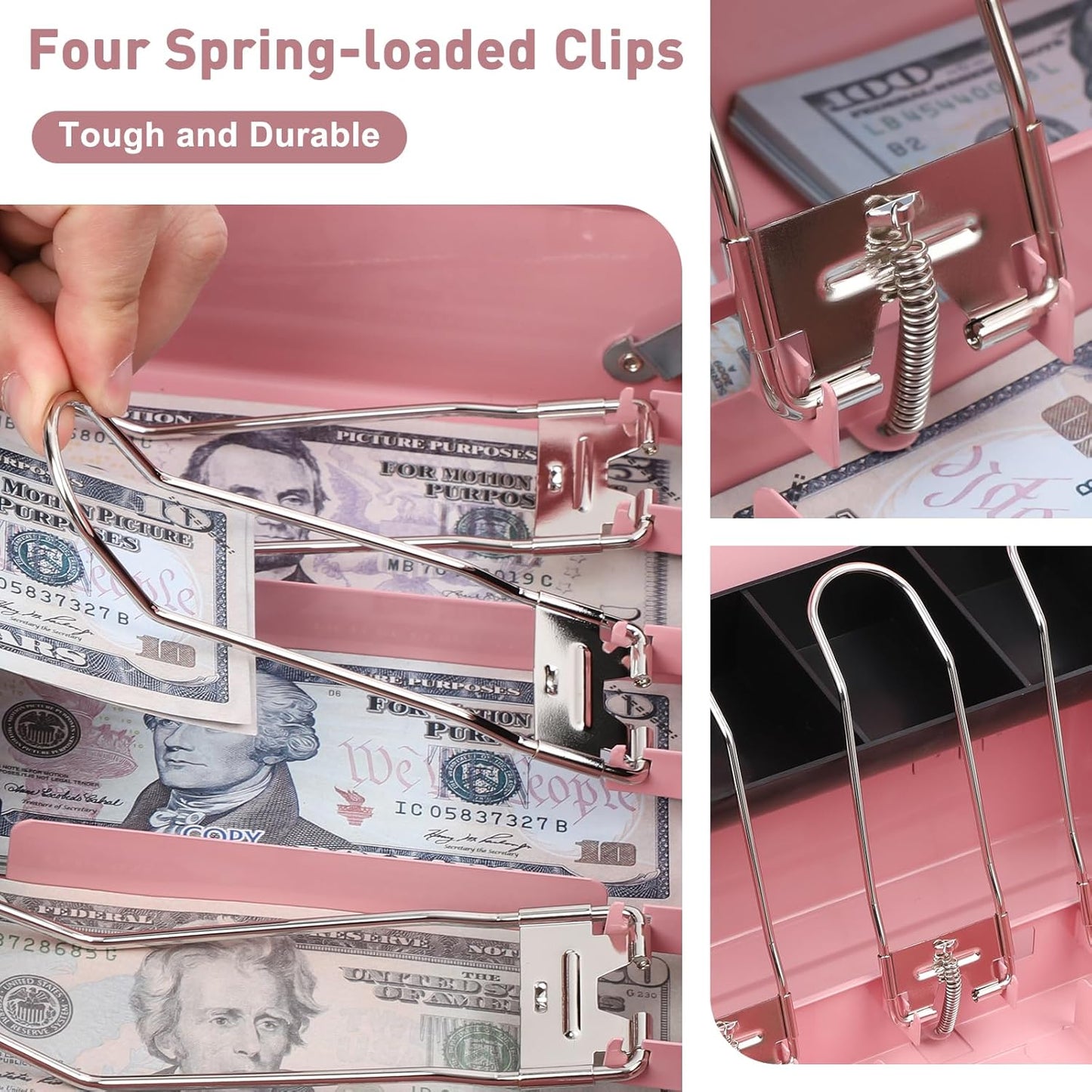 Kyodoled Locking Money Box with Combination Lock, Metal Cash Box with Money Tray, Cash Register,5 Compartments Cantilever Tray 4 Spring Loaded Clips,11.81Lx 9.45Wx 3.54H Inches Pink X Large
