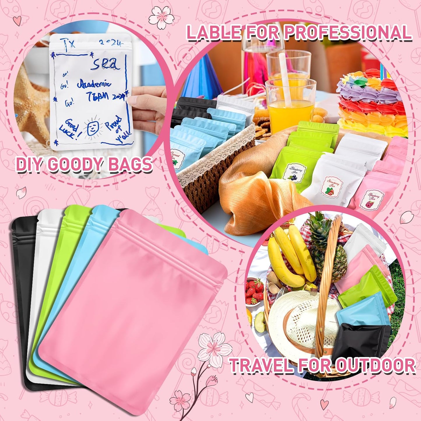 Funfery 100 Pack Pink Mylar Packaging Bags Resealable Bags Double Sided Color Odor Proof Pouch Baggies Smell Proof Foil Bag for Food Storage,Small Business(Pink,2.4x3.9inch)