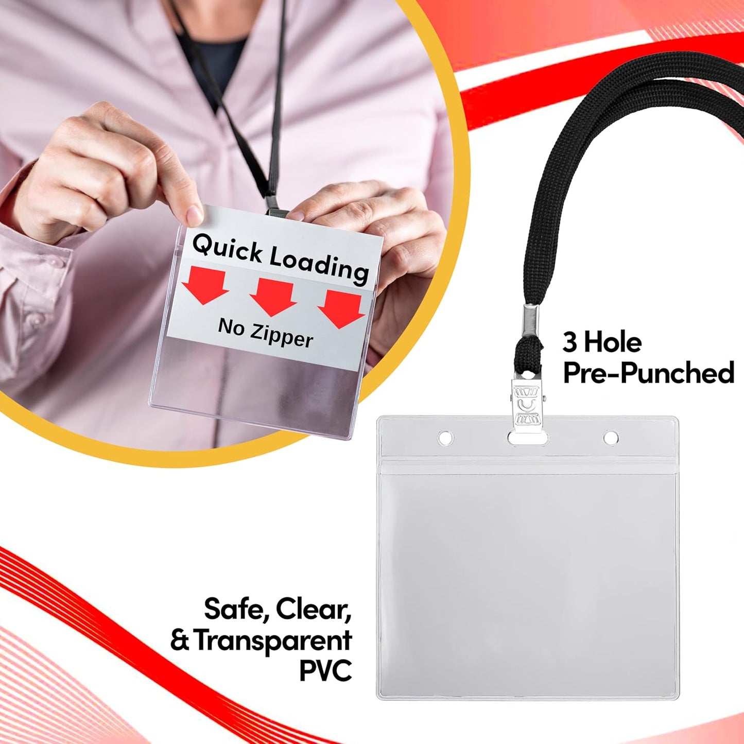 SEE-IT! 104 & 52 Qty Sets Badge Holders with Lanyards Name Tag Holders and Lanyards 4x3 Size Quick Load No Zipper Name Tag Badge id Holder Clear Plastic (104)