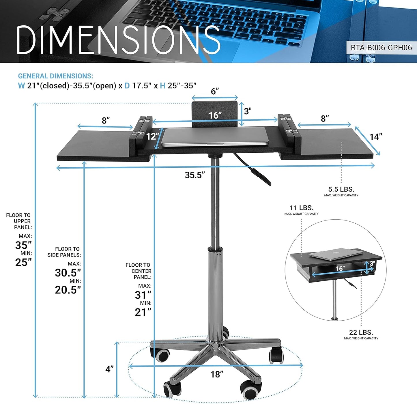 Techni Mobili Rolling Laptop Stand with Extendable Panels, Adjustable Height Customizable Ergonomic Mobile Workstation, Podium, Rolling Laptop Desk or Cart, Graphite
