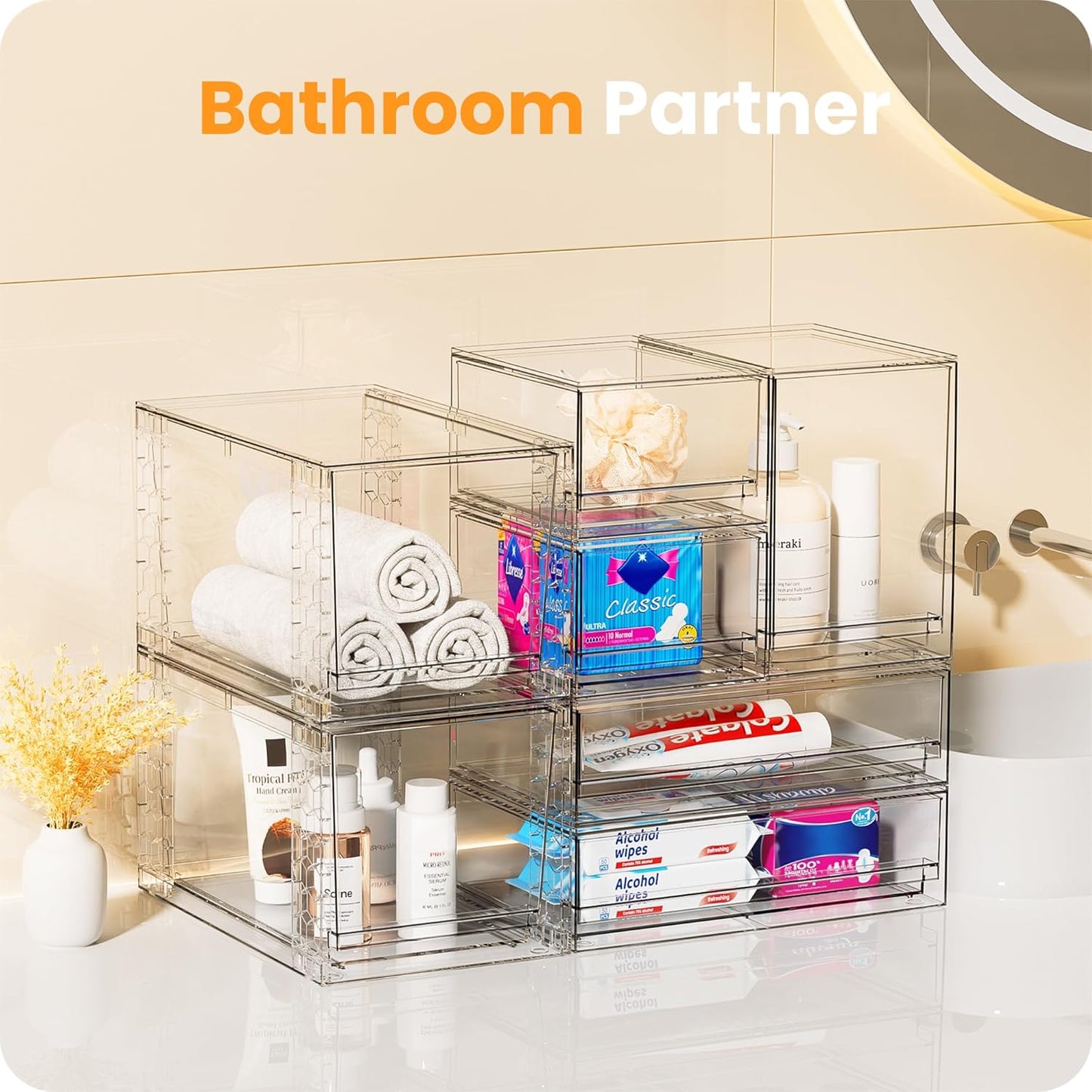 A-LuGei 【𝟰𝗣𝗖𝗦】 Acrylic Stackable Drawers, 7.5" L Makeup Organizer, Bathroom Organizer and Storage, Plastic Storage Bins for Kitchen Cabinet Pantry Medicine Fridge