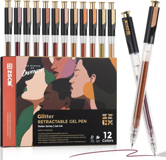 Retractable Glitter Gel Pens, 12 Colors Large Capacity Skin Tone Glitter Metallic Gel Ink Pens, 1 mm Fine Point Smooth Writing Color Pens for Adult Coloring Book Note Taking Aesthetic Art Supplies