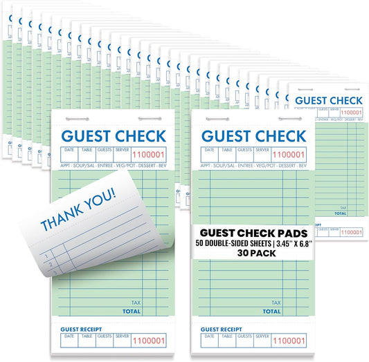 Guest Check Pads, Waitress Notepad for Restaurants, Server Pads, 50 Double-Sided Perforated Sheets, 1500 Total Sheets, 6.8" x 3.4", by Better Office Products (30 Pack)