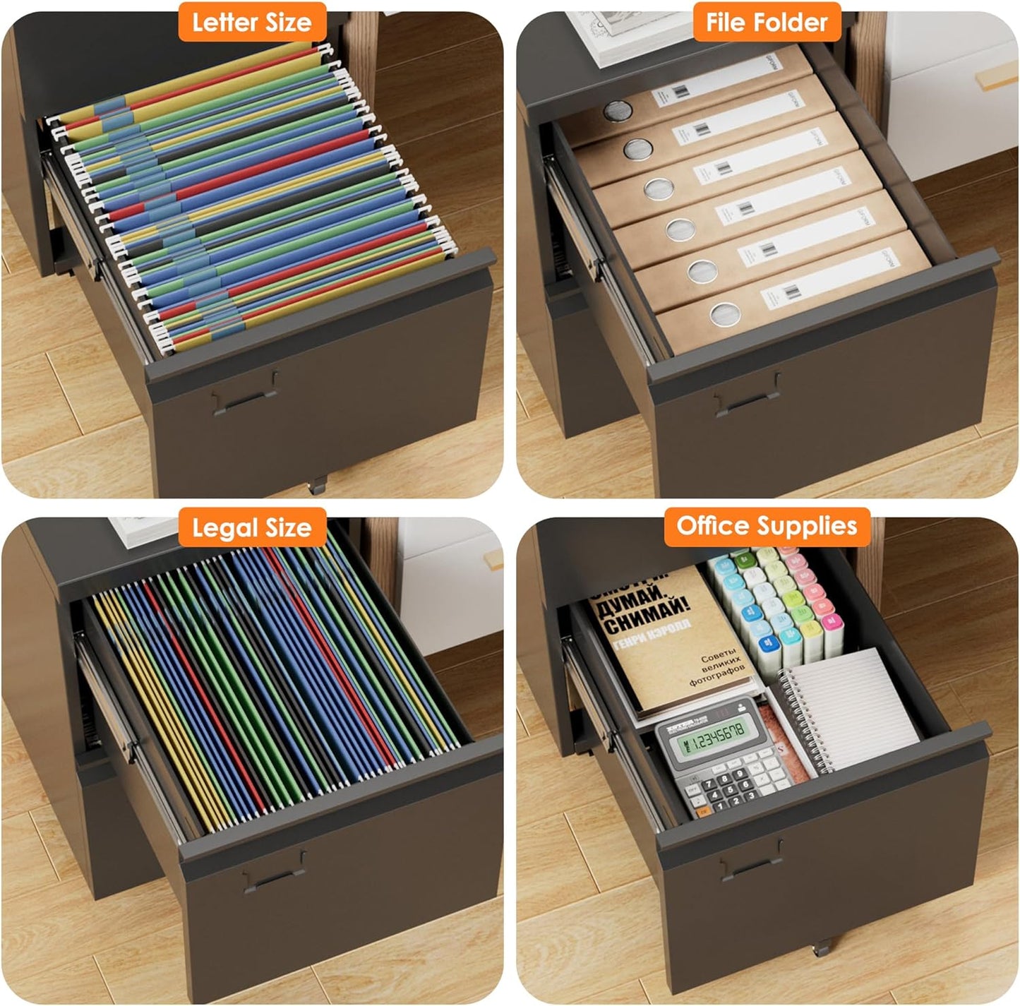 2 Drawer Mobile File Cabinet, Under Desk Drawer with Lock Name Card Holder for Home Office, Metal Filing Cabinet for Legal/Letter Size, Assembly Required