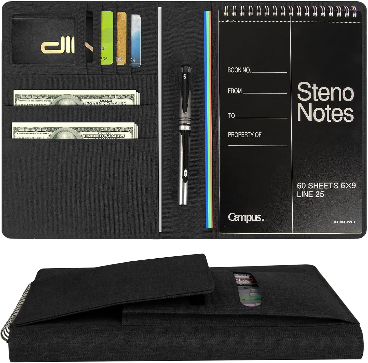 Journal Cover for Rocketbook Flip | Executive Size 6"x8.8" Fits A5, 6"x9" Steno Pad/Notebook & Top Spiral Notepad | Waterproof Protective Case with Pen Loop Holder & File Storage (Black)