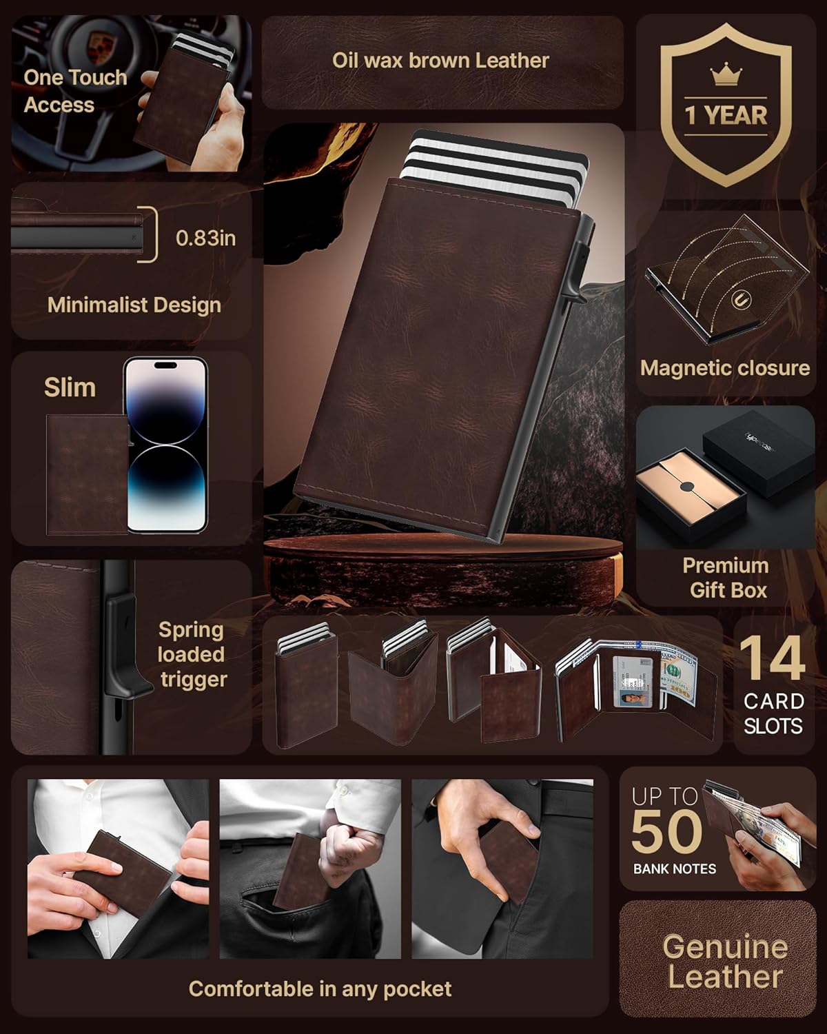 typecase Mens Wallet Card Holder: Pop Up Aluminum Case, Genuine Leather, Smart, RFID Blocking, Slim, Minimalist, Front Pocket - 9-14 Card Capacity | ID Window | Cash Slot - Oil Wax Brown