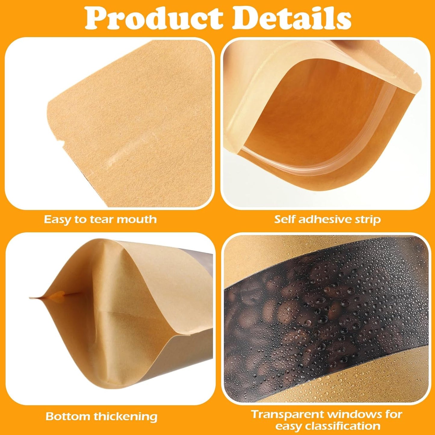 Geosar 450 Pcs Kraft Bags with Window 5 x 8 Inch Stand Up Kraft Pouches Bulk Zipper Paper Pouches Food Storage Reusable Heat Sealable Bags for Packaging Home Office Business