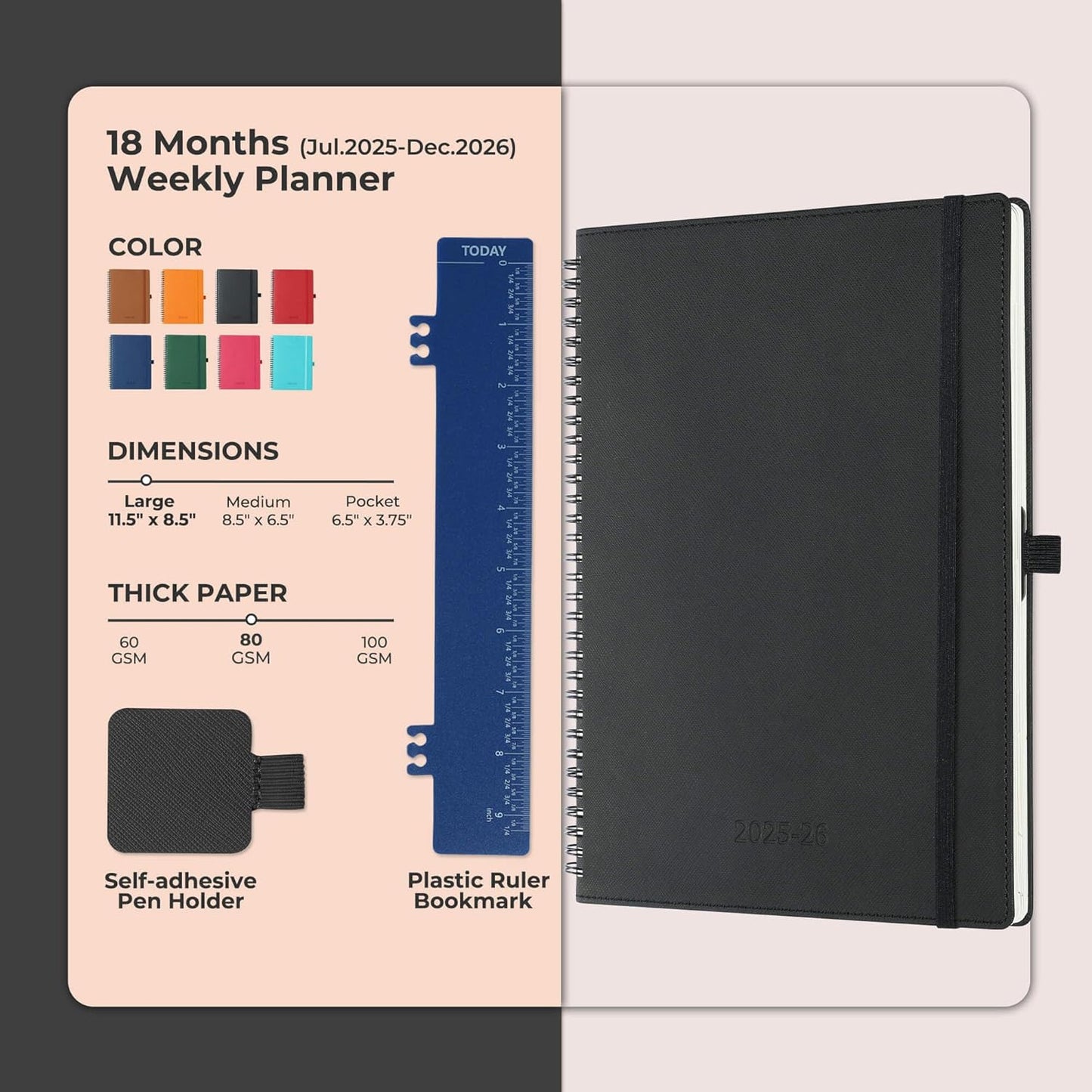 Planner 2025-2026 Daily Weekly and Monthly,11.5"x8.5",18 Months Spiral Bound Calendar Agenda with Self-adhesive Pen Holder,2026 Academic Plan with Vegan Leather Soft Cover,Black