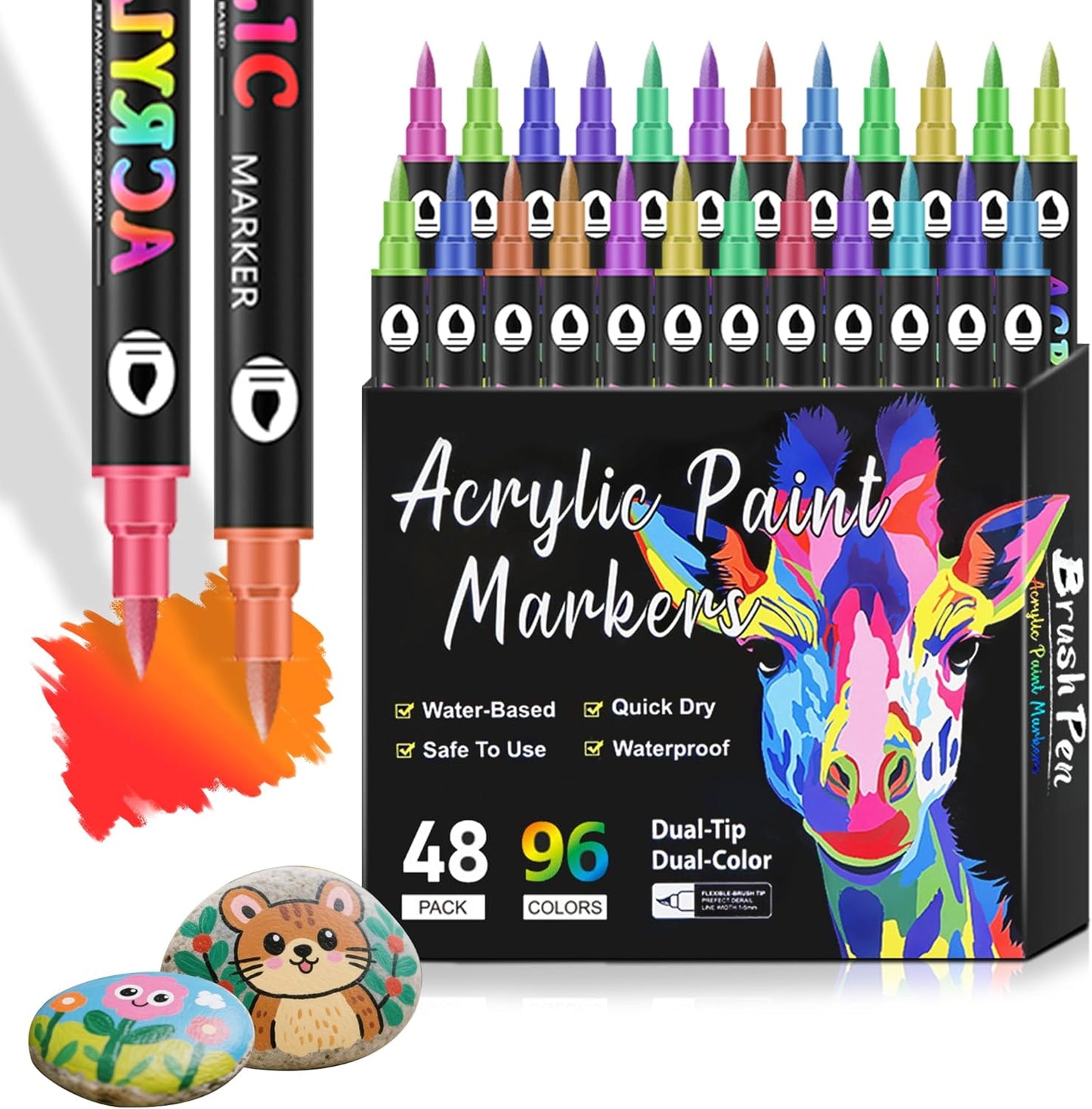96 Dual Tip Acrylic Paint Markers, Double Color Acrylic Paint Pens for Rock Painting, Ceramic, Stone, Wood, Canvas, Stone, DIY Art Supplies