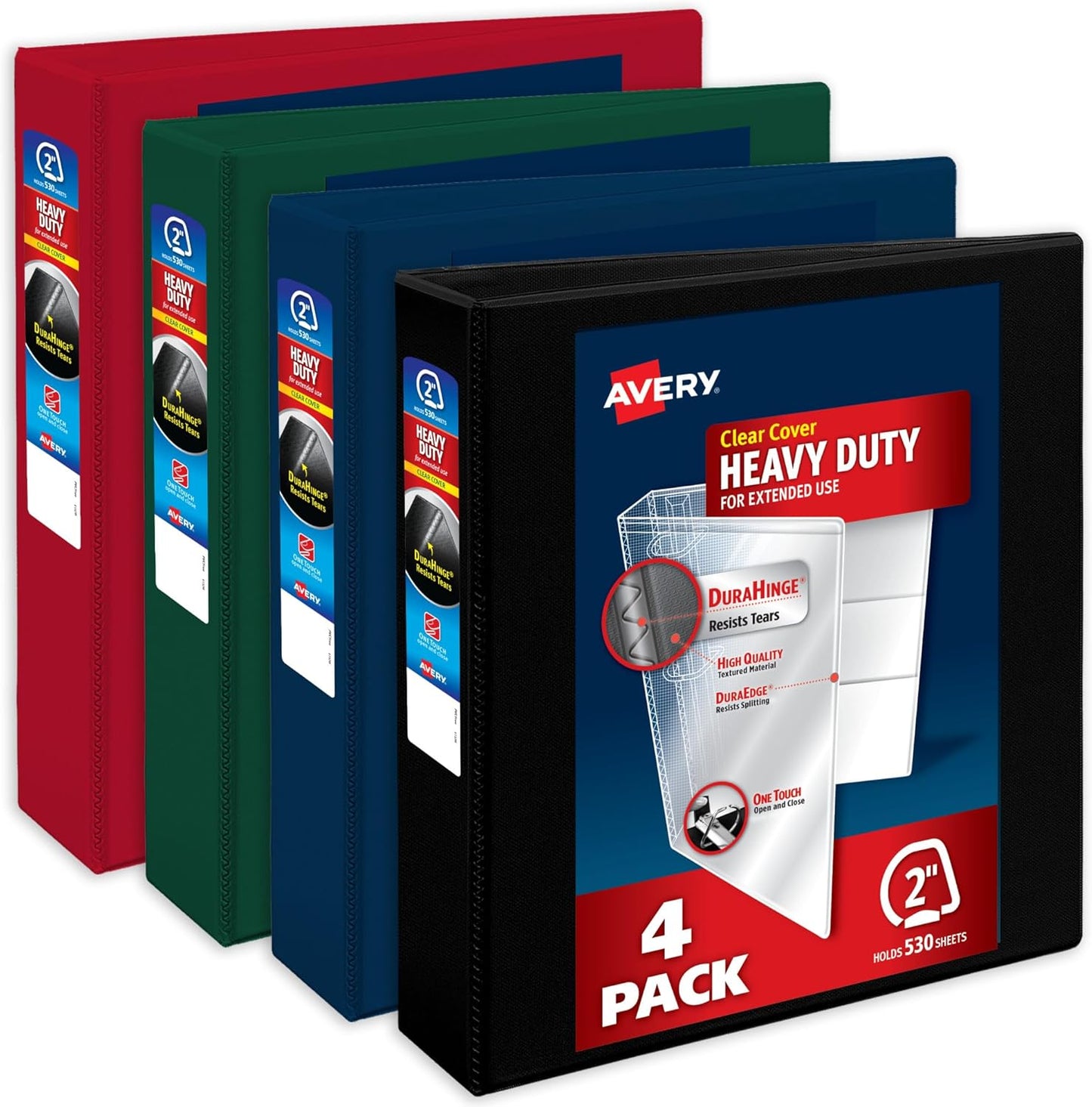 Avery Heavy-Duty View 3 Ring Binders, 2 Inch One Touch Slant Rings, 530-Sheet Capacity, Assorted Dark Colors, 4-Pack (79638) – for School, Office, Teachers, Classrooms & Home Organization