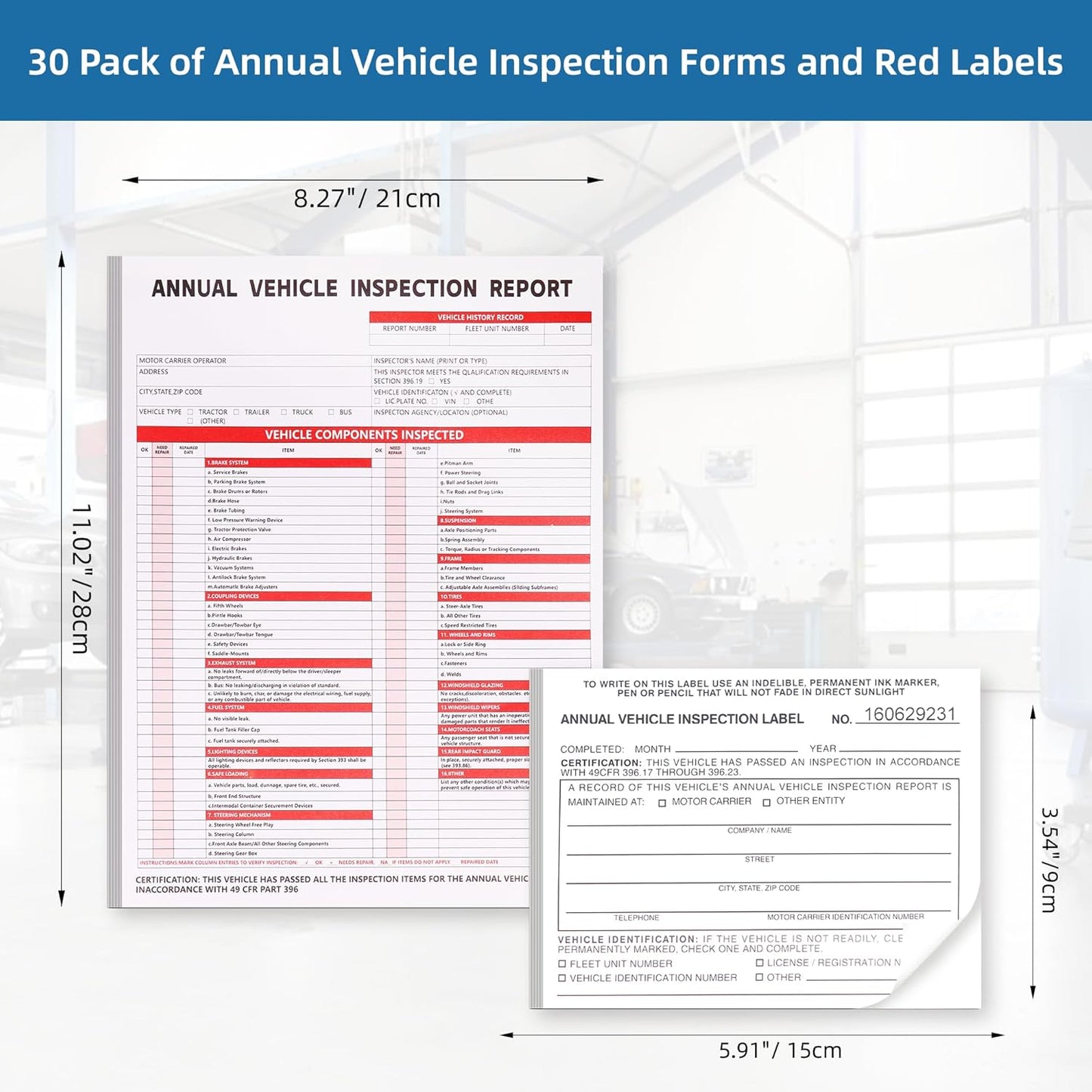 30-Pack Annual Vehicle Inspection Report Form, 3-Ply Carbonless Form and Hardboard, Includes 30-Pk 2-Ply FMCSA Vinyl Adhesive Label for Annual Inspections, DOT Compliant