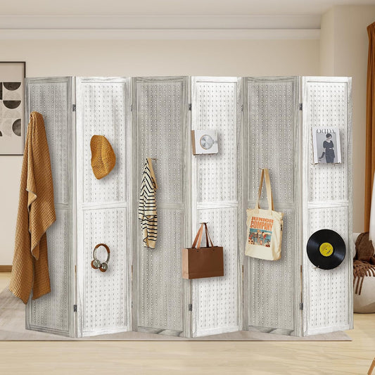 6 Panel Pegboard Display with 24 Hooks, Wooden Room Divider Wall and Folding Privacy Screens, Privacy Dividers for Rooms, Pegboard Room Divider, Jewelry Store, Retail Store, Bedroom, White