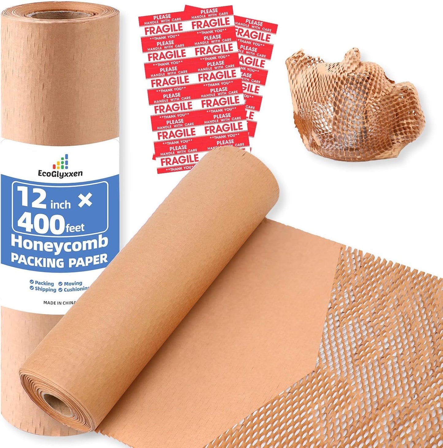 Honeycomb Packing Paper 12"Wx400'L-Bubble Wrap Substitute Alternative for Shipping, Moving Supplies, Small Business Packaging, Packing Boxes & Gifts Wrapping Paper with 20 Fragile Stickers