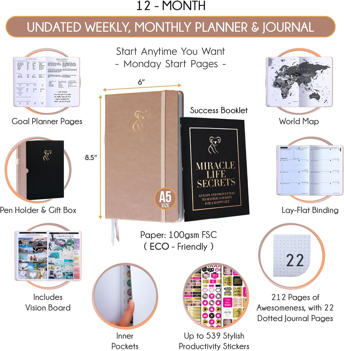 Life Planner - Gratitude Journal for Men & Women | Daily, Weekly & Monthly Planner with Budget Section, Time Blocking, Habit Tracker for Peace of Mind Planning to Increase Productivity & Happiness
