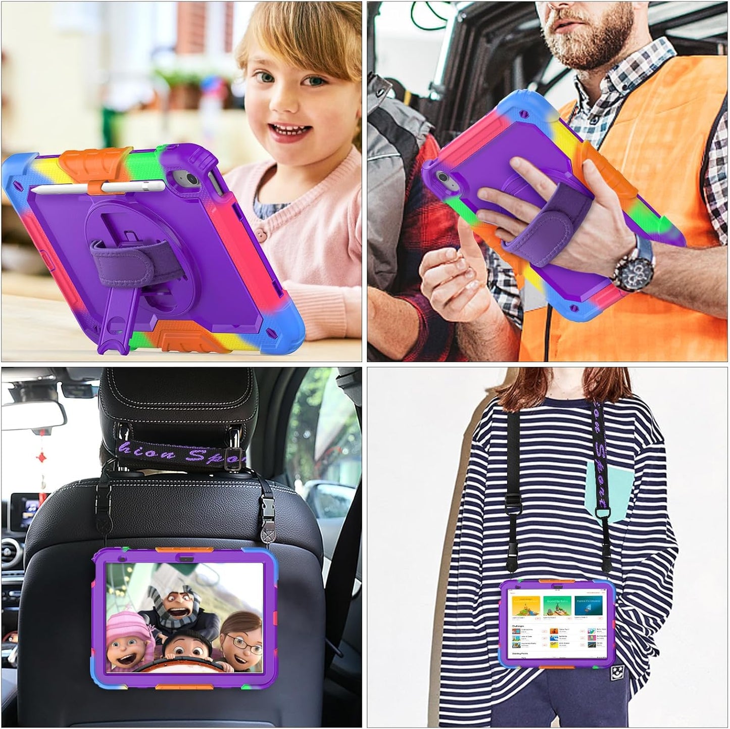 SEYMAC stock Case for iPad (A16) 11th/10th Generation 11''/10.9'' 2025/2022, Full-Body Drop Protection Case with Screen Protector &360° Rotate Hand Strap/Stand, Purple+Colorful