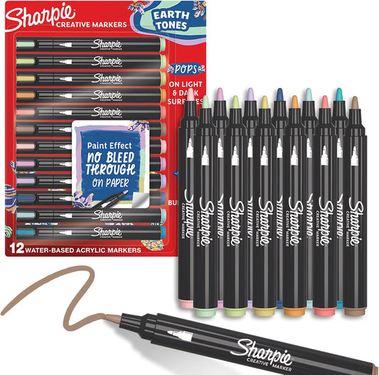 Sharpie Creative Markers, Earth Tones, Water-Based Acrylic, Bullet Tip, Assorted Colors, 12 Count – Arts & Crafts, School Classroom; Works on Paper, Metal, Wood, Ceramic, Glass, Rock, Canvas