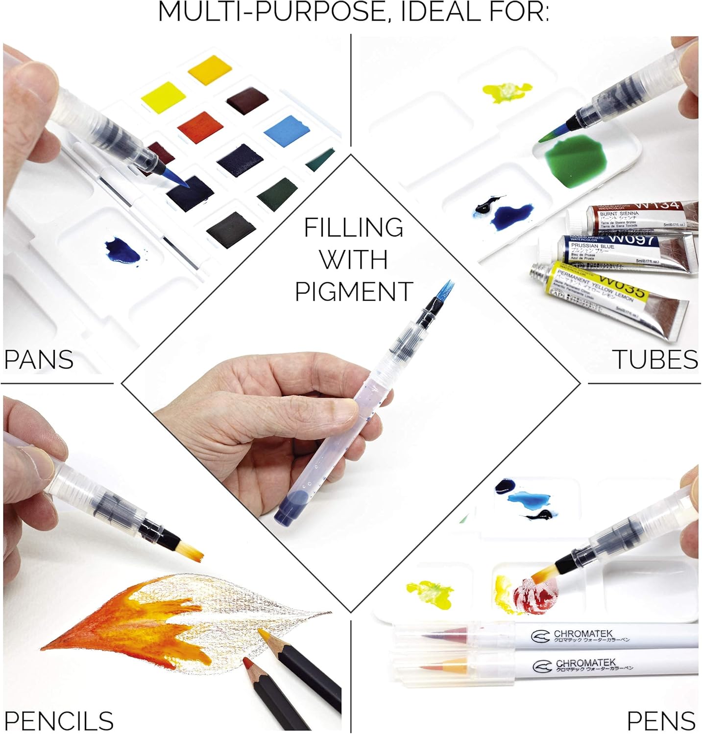 Chromatek AquaPens. Set of 6 Refillable Aqua Watercolor Brushes with Nylon Tips. Easy Water Brush Pens for Painting. Blending & Calligraphy. Includes Online Video Tutorials & Templates