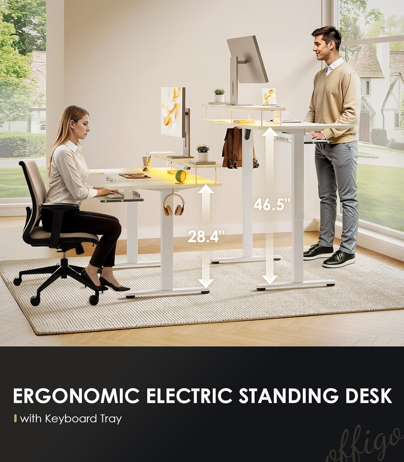 OffiGo U Shaped Electric Standing Desk with Keyboard Tray, 55 Inch Height Adjustable Desk with Power Outlets & LED Lights, Sit Stand Table with Monitor Stand for Home, Office, White