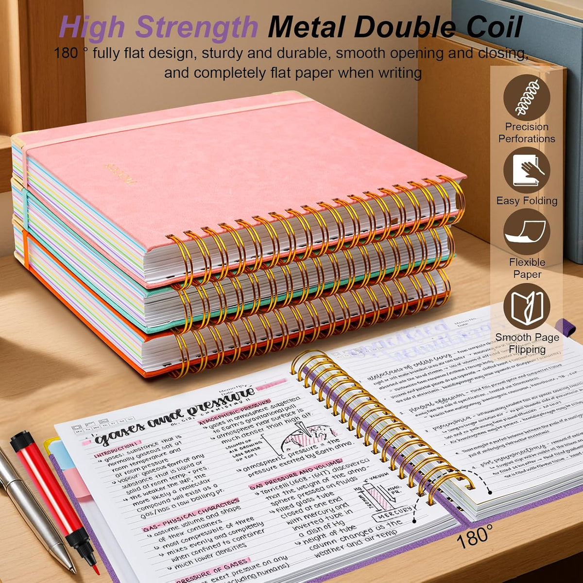 Hardcover Spiral Notebook 8"x10" Journal Notebook with Tabs and Removable Dividers 300 Pages 5 Subject Notebook College Ruled, Faux Leather Spiral Bound Notebook for Women, Students, School Work (Purple)