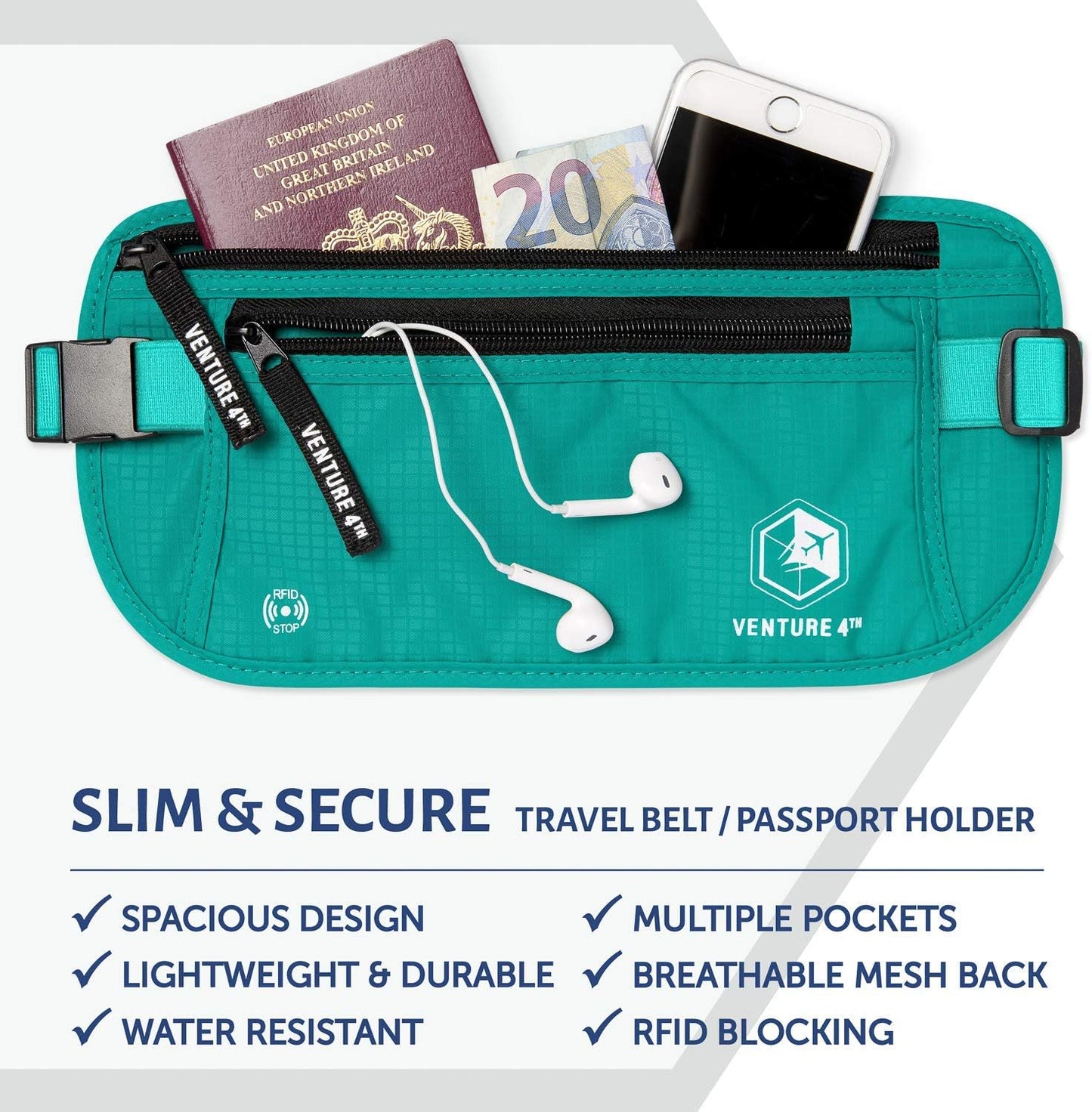 VENTURE 4TH Travel Money Belt - Slim Passport Holder RFID Blocking Travel Pouch to Protect Cash, Credit Cards and Travel Documents (Turquoise)