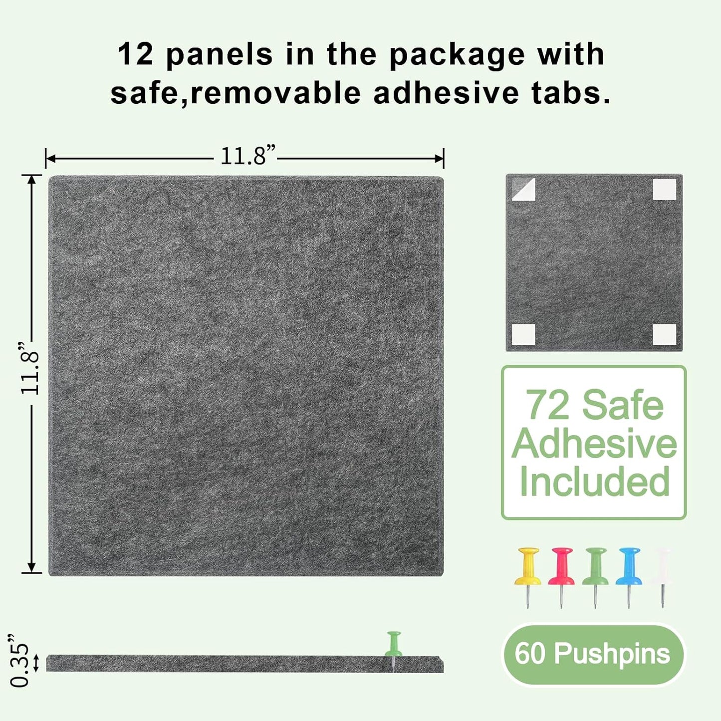 Large Cork Board for Wall 12 Pack, Bulletin Board 48" X 36", Felt Board Wall Tiles with 72 Damage-Free Removable Pads & Push Pins, Alternative Pin Board Cork Board for Office Home, Dark Grey