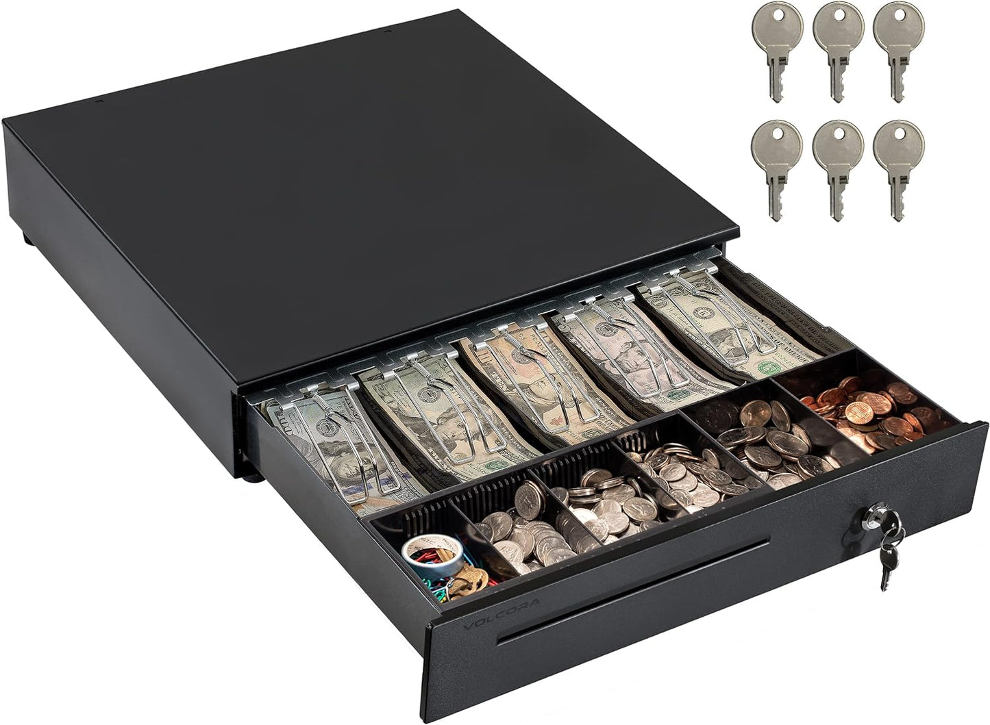 Volcora Cash Register Drawer for Point of Sale (POS) System with Removable Coin Slots, 5 Bill/6 Coin, 24V, RJ11/RJ12 Key-Lock, Media Slot, Black