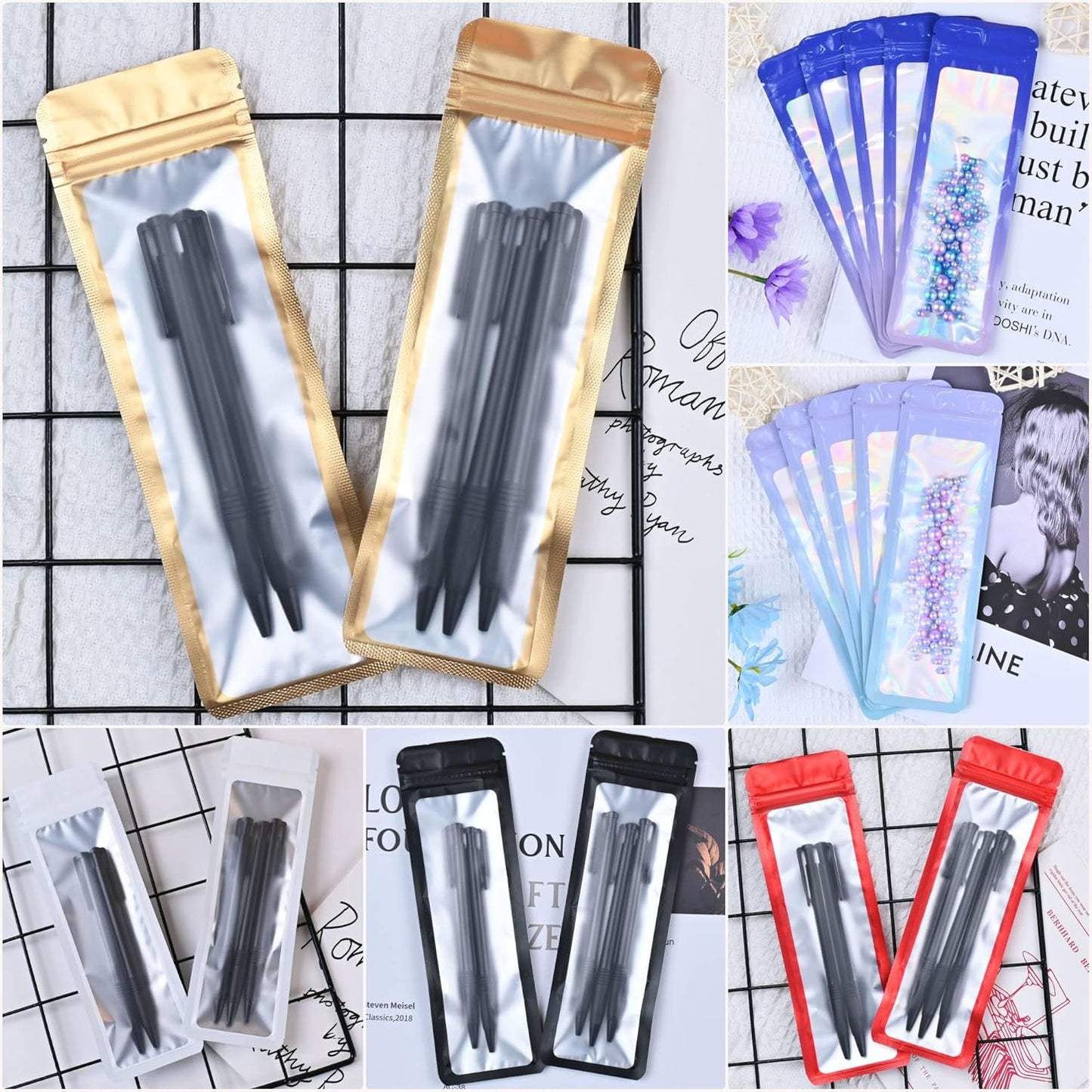 Resealable Mylar Pouch Pen Bags Great for Office Home Party Favor Food Storage Cookies Sample Jewelry Snack (100PCS, Holographic Color, 2.7 x 9 inch)
