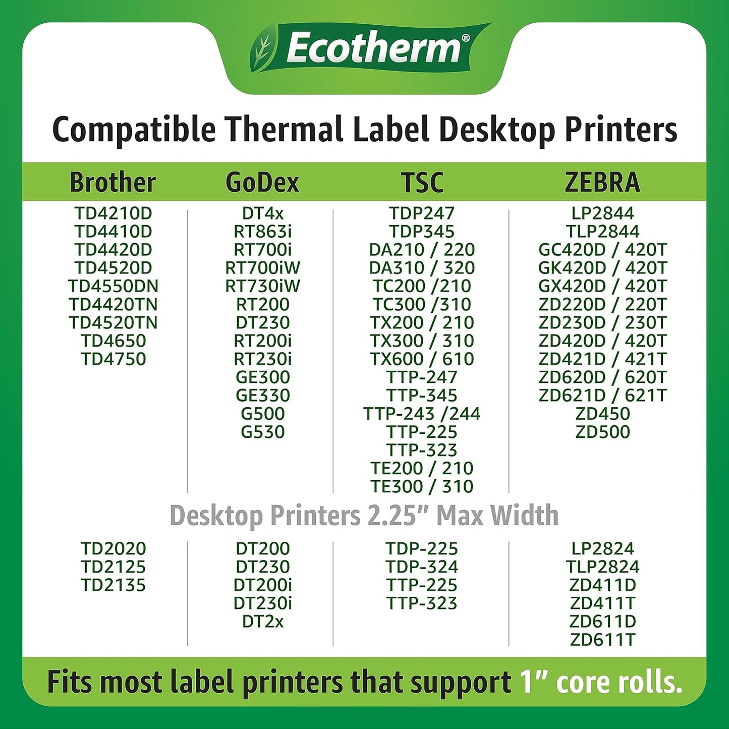 4" x 1" Thermal Labels | 4 Rolls | 5360 Labels | fits Zebra, Munbyn, Rollo, Godex, Arkscan, iDPRT, Offnova Thermal Label Printers and More | Blank White Adhesive Stickers by Ecotherm