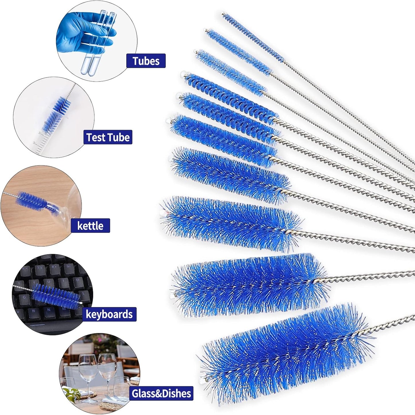 CiaraQ Bottle Cleaning Brushes, 8 Inch Nylon Tube Brush Set, Cleaner for Narrow Neck Bottles Cups with Hook, Set of 10pcs. Navy Blue
