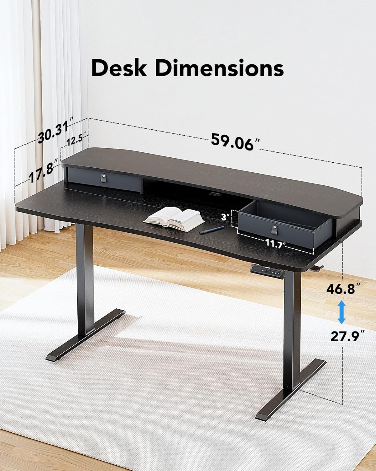 HUANUO 60″ x 30″ Electric Standing Desk with 2 Drawers, C-Clamp Mount Compatible, Height Adjustable Computer Desk, Home Office Stand Up Desk with 4 Preset Heights & 2 Hooks, Black