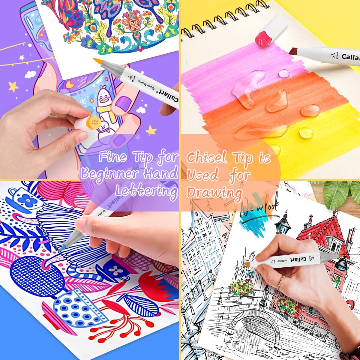 Caliart Alcohol Based Markers, 24 Colors Dual Tip Art Marker Set Fine & Chisel, Permanent Colored Pens for Adults Coloring Book Artists Illustration Sketch Lettering Drawing Cards Planner