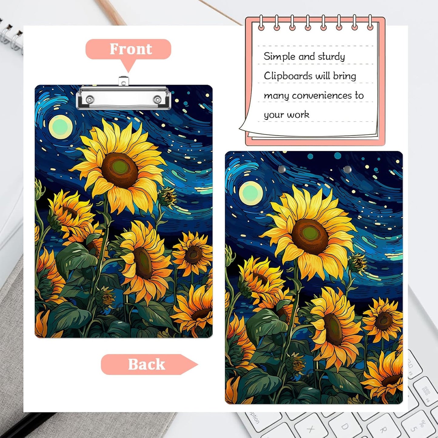 Sunflower Oil Painting Plastic Clipboards,Cute Fashion Clipboard Decorative 8.5" x 12.5"Standard A4 Size Clipboards,Acrylic Clipboard for Teacher,Social Worker,Students,Nurse,Office Supplies