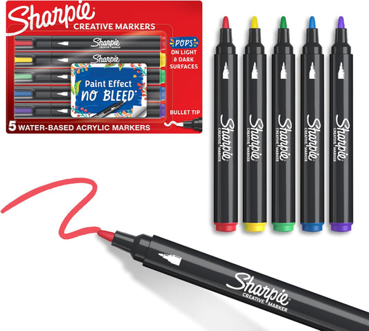 Sharpie Creative Markers, Water-Based Acrylic, Bullet Tip, Assorted Colors, 5 Count – Arts & Crafts, Kids Activity, School Classroom; Works on Paper, Metal, Wood, Ceramic, Glass, Rock, Canvas