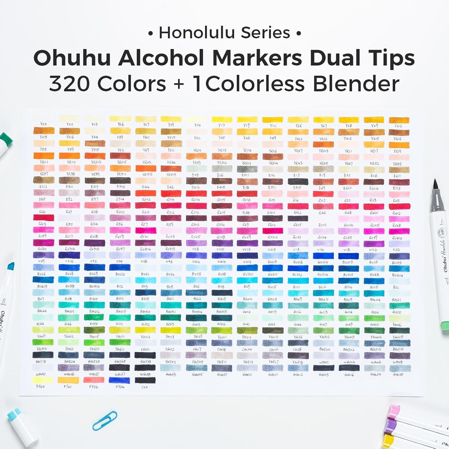Ohuhu Alcohol Markers Brush Tip - 320-color Double Tipped Art Sketch Marker Set for Artists Adults Coloring Illustration -Brush & Chisel Dual Tips - Honolulu Series of Ohuhu Markers - Refillable Ink