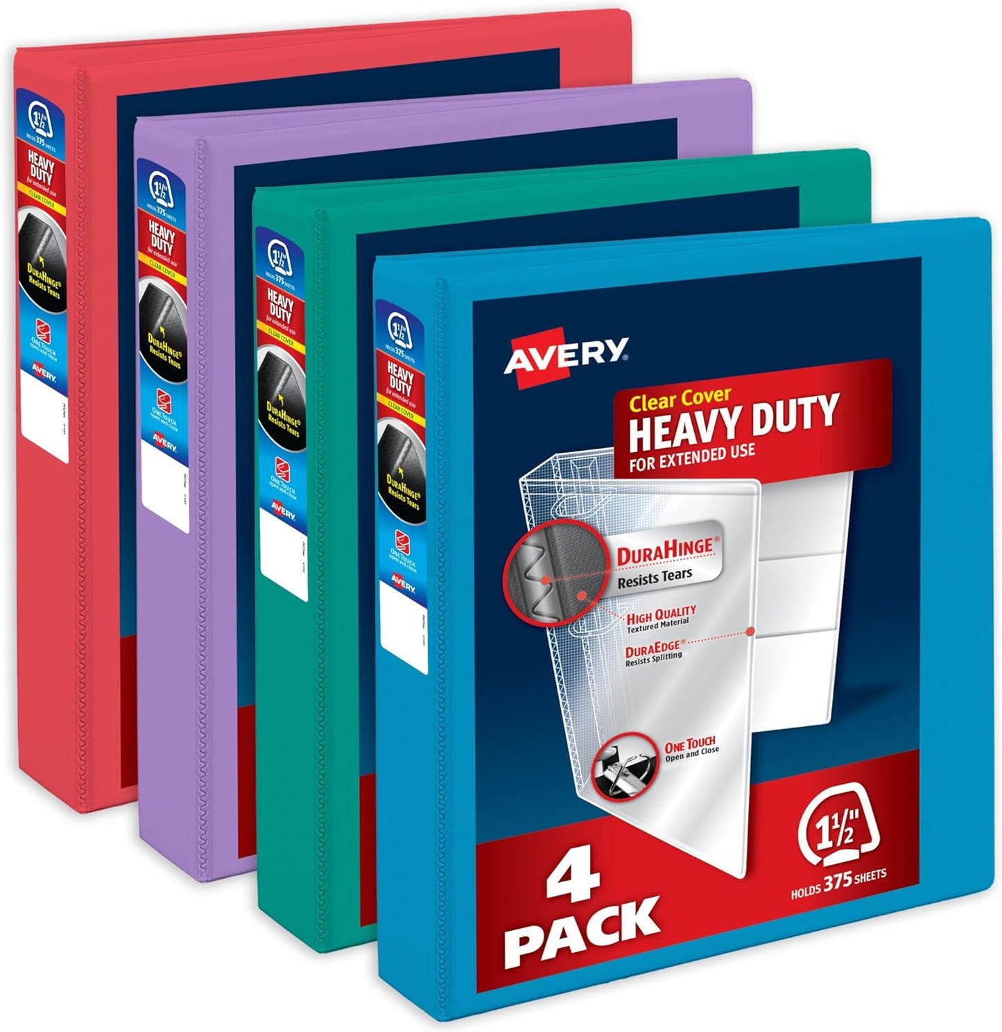 Avery Heavy-Duty View 3 Ring Binders, 1.5 Inch One Touch Slant Rings, 375-Sheet Capacity, Assorted Bright Colors, 4-Pack (79633) – for School, Office, Teachers, Classrooms & Home Organization