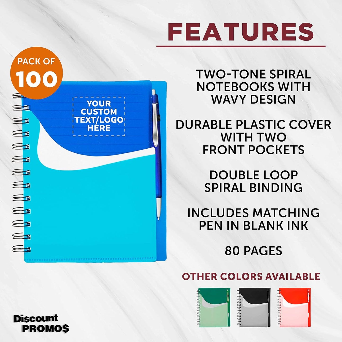 DISCOUNT PROMOS Custom Spiral Notebooks with Front Pocket Set of 100, Personalized Bulk Pack - Durable Plastic Cover, Includes Matching Pen in Blank Ink, Perfect for School, Office, Home - Blue
