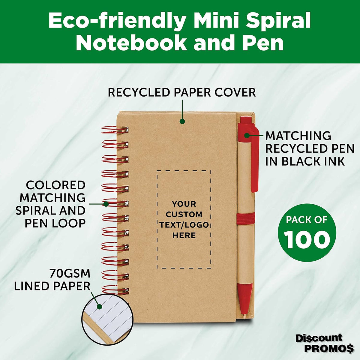 Custom Mini Spiral Notebooks with Black Ink Pens Set of 100, Personalized Bulk Pack - Perfect for School, Office, Business, Home - Red
