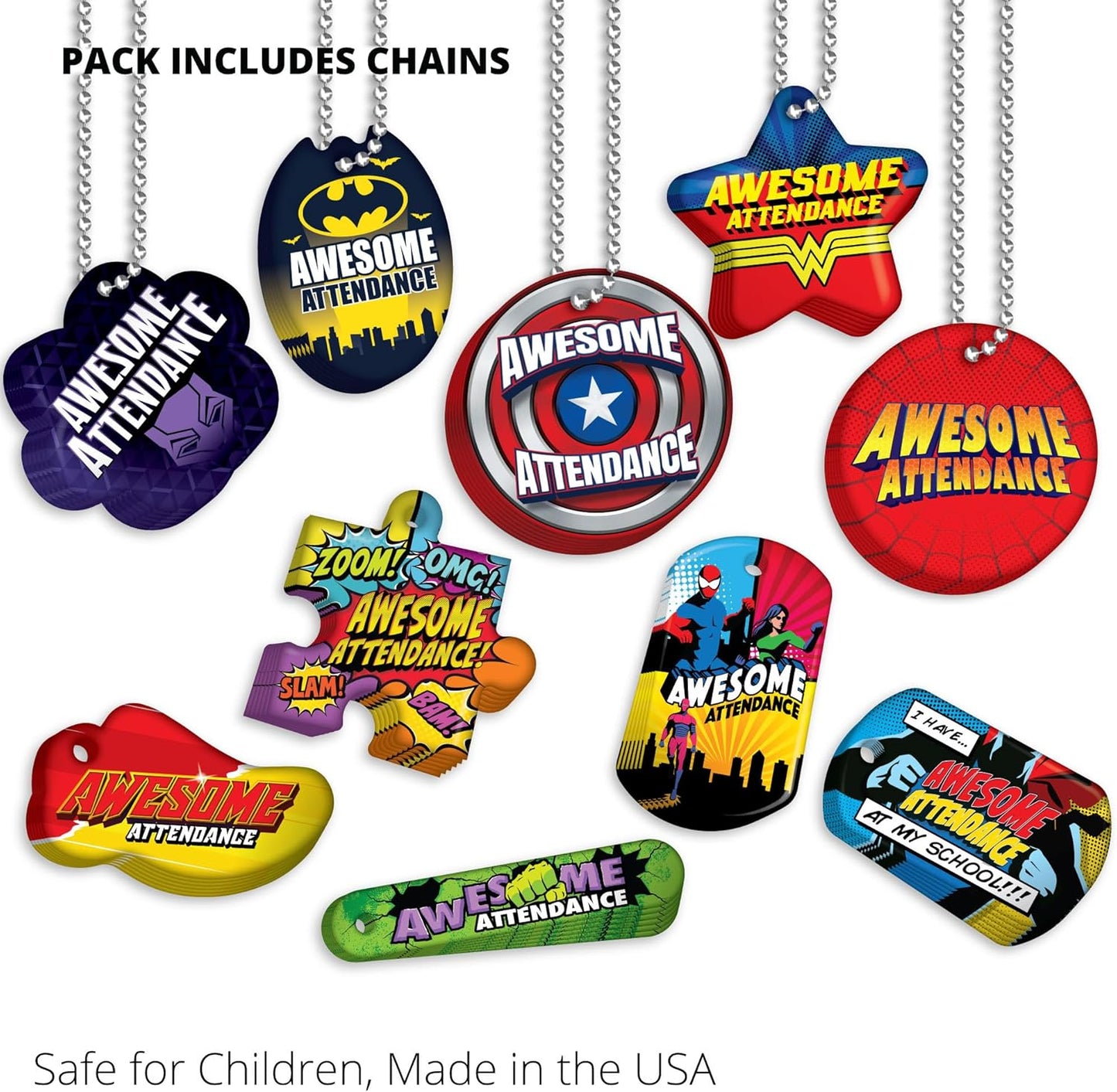 Awesome Attendance Heroes Brag Tag Value Pack to Improve Student School & Classroom Attendance: 250 Tags (25 Tags for Each Design) + 75 USA-Made 24" Hypoallergenic Aluminum Safety Chains