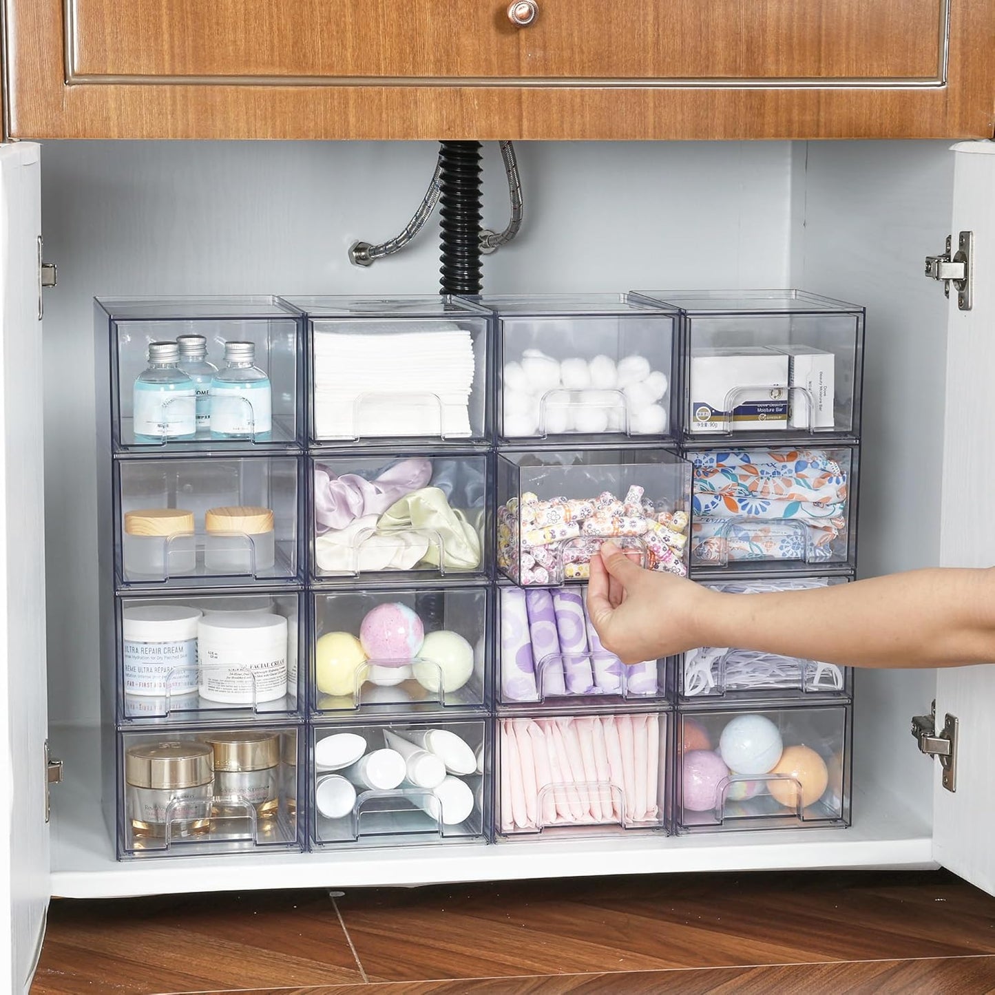 Vtopmart 2 Pack Clear Stackable Storage Drawers, 4.4'' Tall Acrylic Bathroom Makeup Organizer,Plastic Storage Bins For Vanity, Undersink, Kitchen Cabinets, Pantry, Home Organization