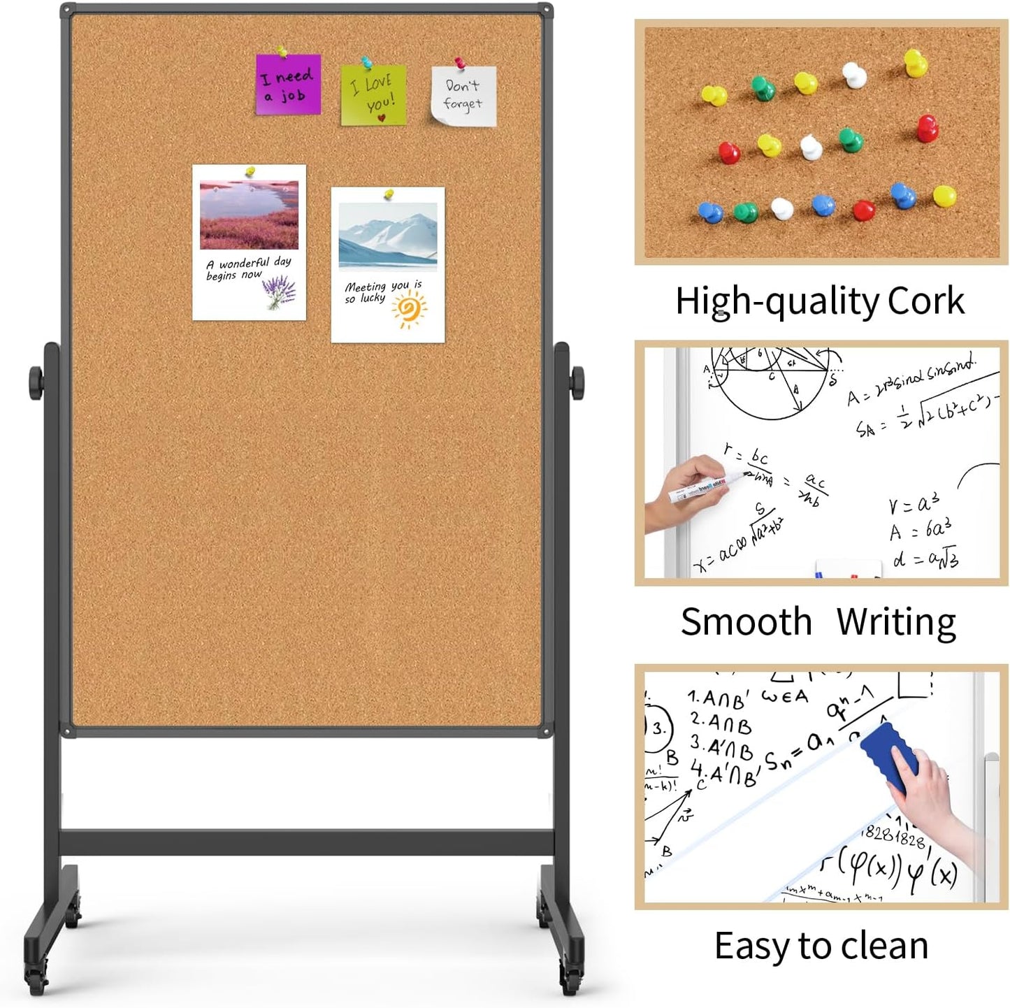 Double-Sided Whiteboard and Corkboard on Wheels, 48 x 32 Inch Magnetic Dry Erase Board with Adjustable Height Stand, Rolling Mobile Board for Office, Classroom, Presentation & Planning (Cork & Black)