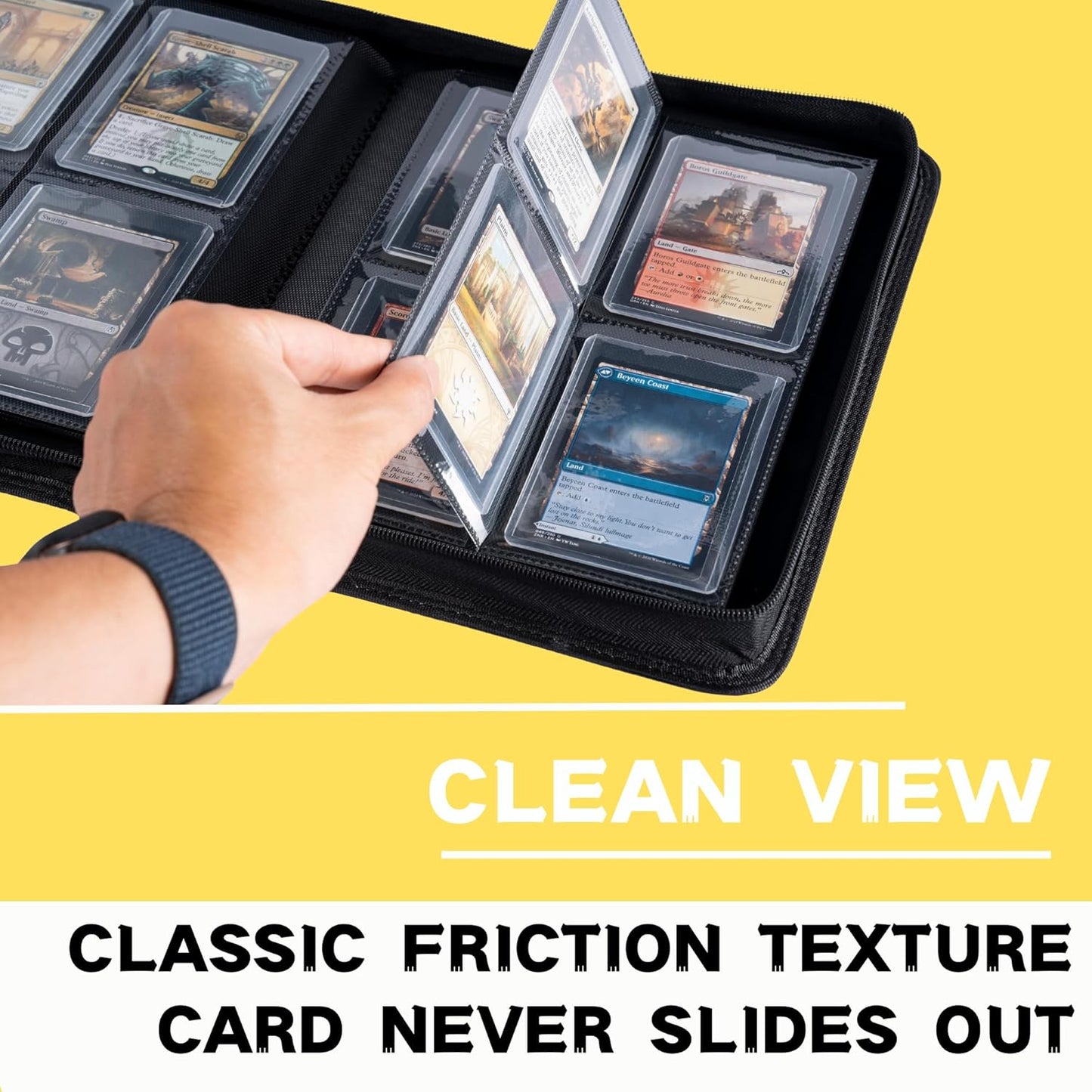 Toploader Binder, Holds 128+ Toploaders, 4 Pocket Top Loader Card Storage Case, Double-Sided Pockets for trading card in 3 x 4'' Toploaders (Yellow)