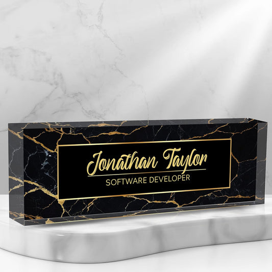 Custom Desk Name Plate Personalized, Acrylic Name Plate for Desk, Office Desk Decor for Women and Men, Employee Appreciation Gifts Office Gifts for Boss, Manager, Teacher, Nurse (Black Gold Marble)