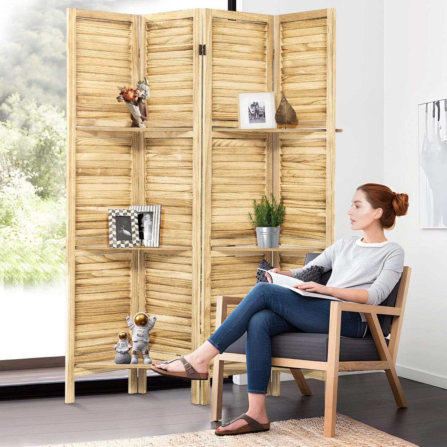 Room Divider with Shelves, 5.6FT Folding Room Divider Panel, 4 Panel Wood Partition Wall Divider for Room Separation, Natural Wood