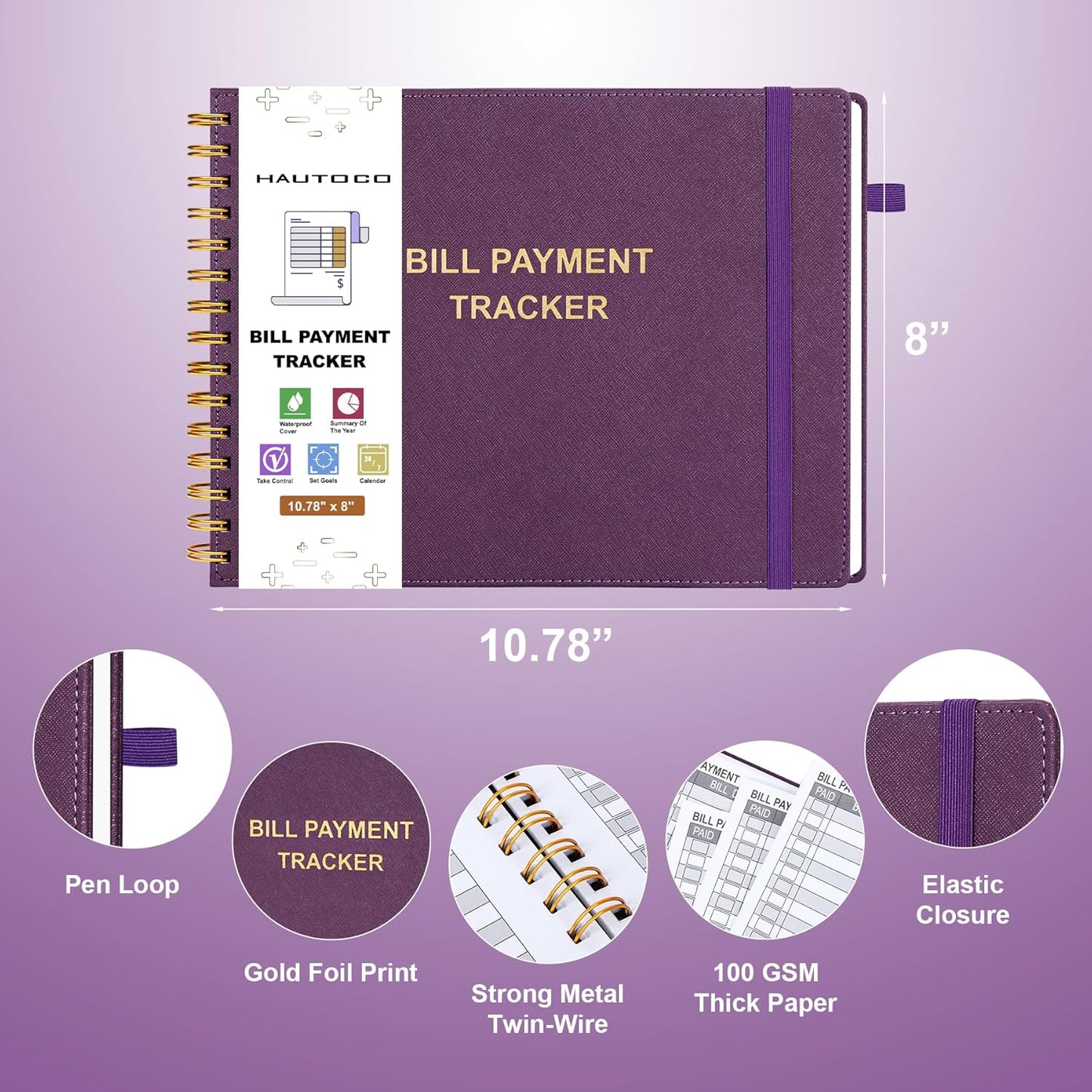 HAUTOCO Hardcover Bill Tracker Notebook Horizontal Monthly Bill Payment Organizer for Personal Budgeting Home Finance with 2 Storage Pocket Expense Checklist Tracking Planner 10.78 x 8'', Deep Purple