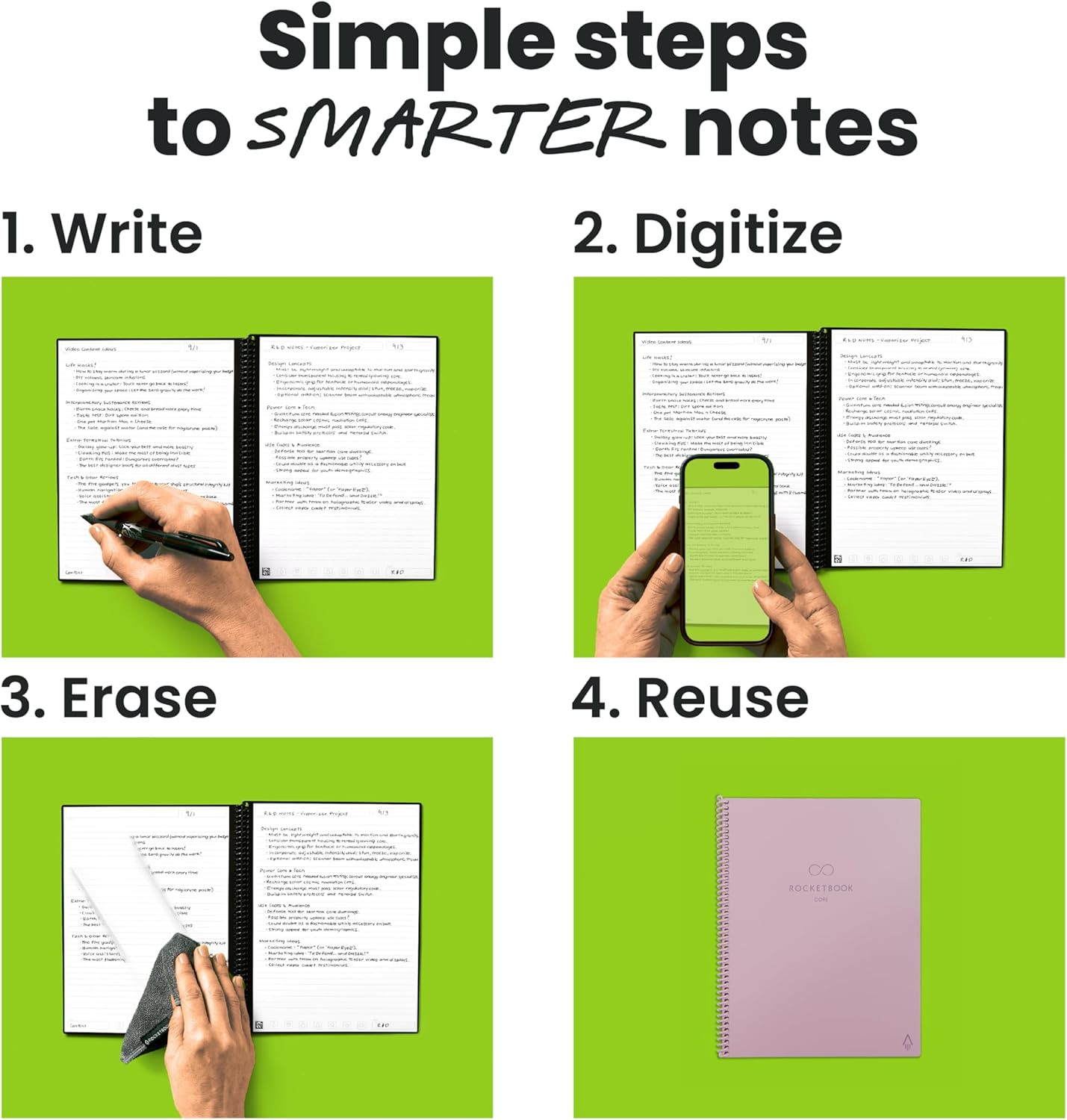 Rocketbook New Core Reusable Spiral Notebook, Letter Size 8.5x11, Pink - Lined Pages, App-Connected, Erasable, Durable Cover, Ideal for School, Work, and Creative Projects