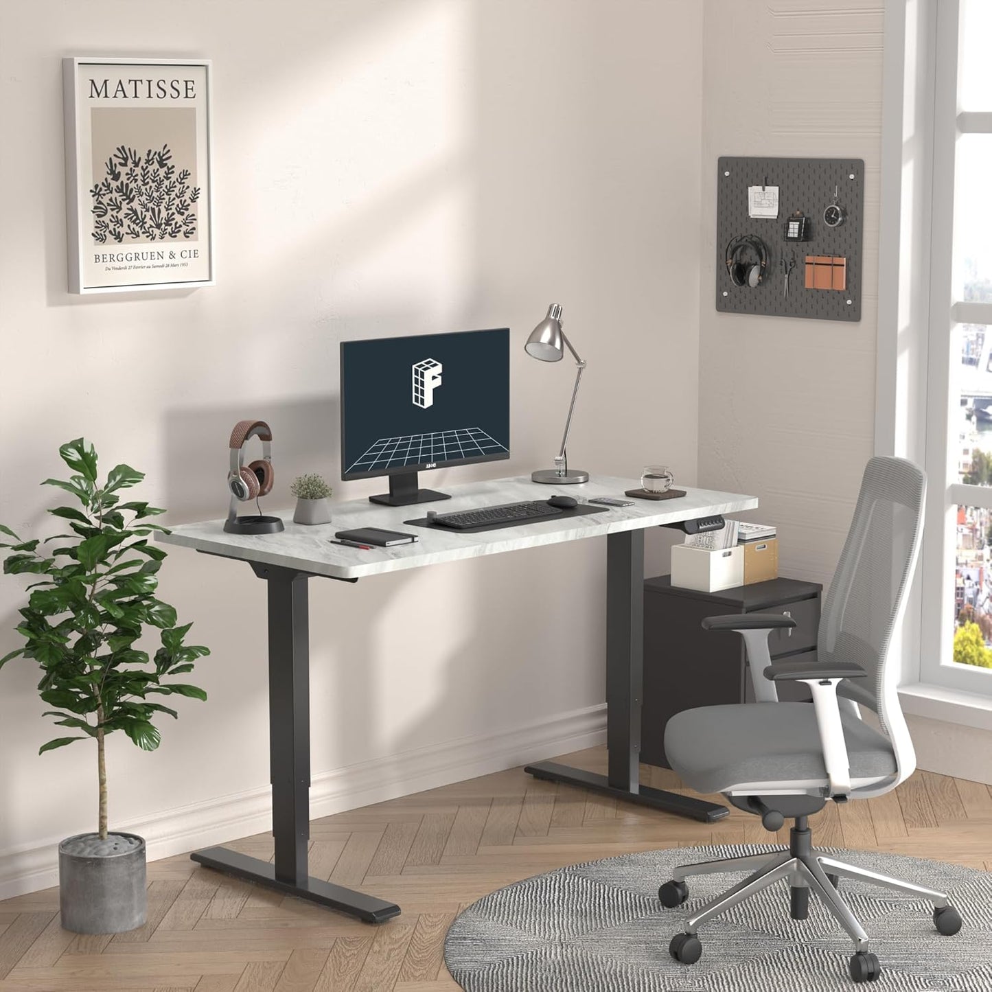 FLEXISPOT E6 Essential 3 Stages Dual Motor Electric Standing Desk 48x30 Inch Whole-Piece Board Height Adjustable Electric Sit Stand Desk(Black Frame + Marble Grey Desktop, 2 Packages)