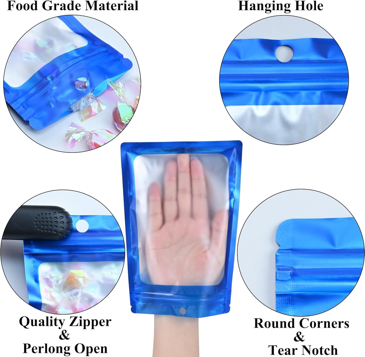 Resealable Mylar Pouch Bag Great for Office Home Party Favor Food Storage (100PCS, Blue Color, 2.4 x 4 inch)
