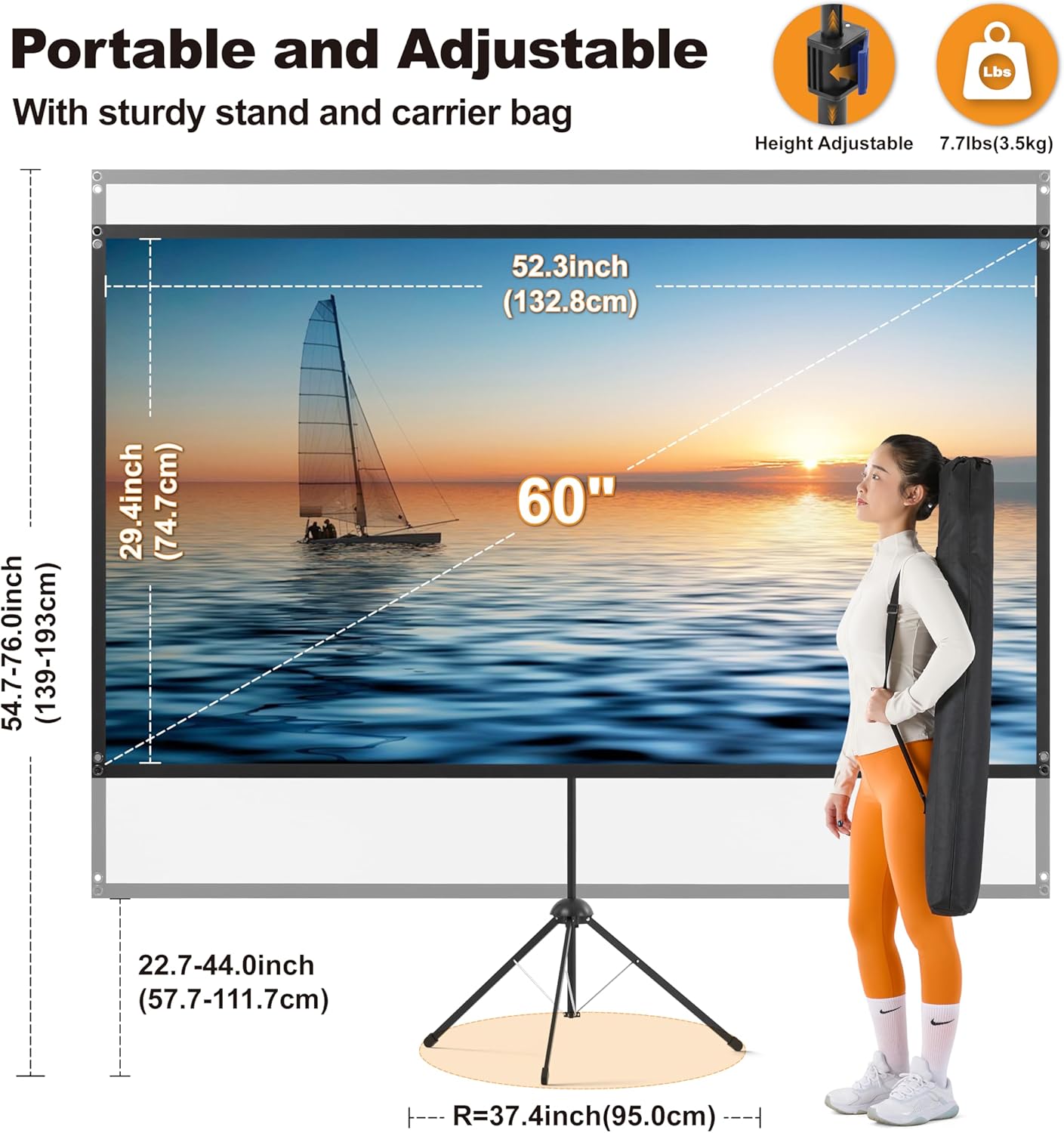 Outdoor Projector Screen 60 Inch, 16:9, High Gain, Projector Screen with Stand, Wind-resistant Design for Portable Projection Screen Outdoor, With Ropes and Spikes, 4K Image for Home Theater, Camping.