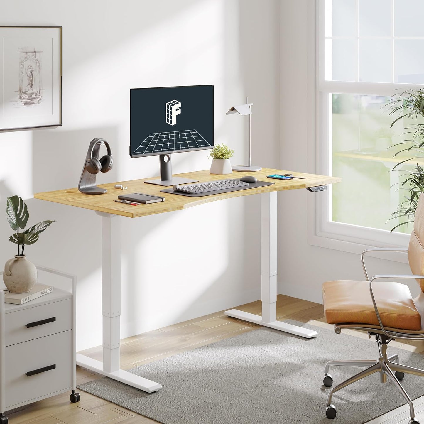 FLEXISPOT E6 MAX Bamboo Dual Motor 3 Stages Standing Desk 48x24 Inch Whole-Piece Board Electric Height Adjustable Stand Up Desk 150KG Load Capacity(White Frame + Bamboo Curved Desktop)