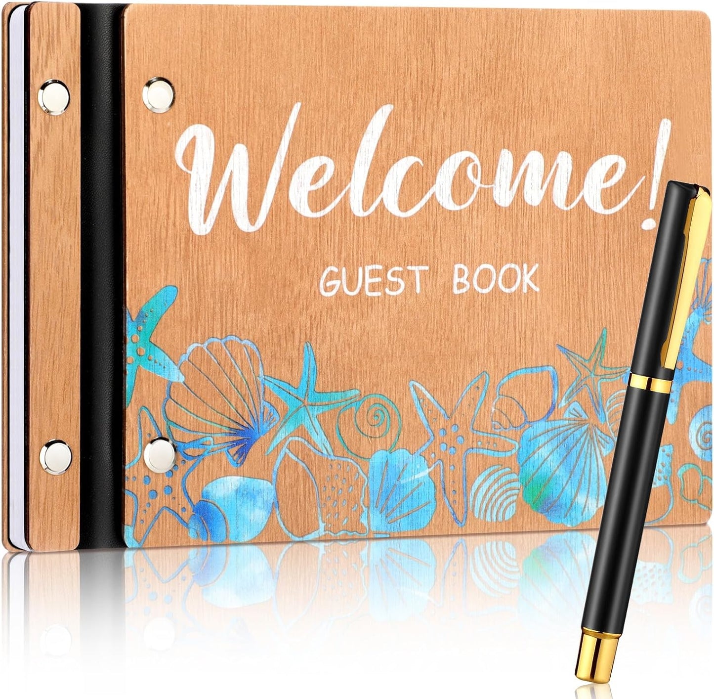 Welcome Guest Book Wood Cover Summer Beach Guest Book Vacation Home Scrapbook with Pen 8 x 6 Inches Visitor Log Book with 120 Pages for Vacation Home Host Ocean Beach Nautical Journal
